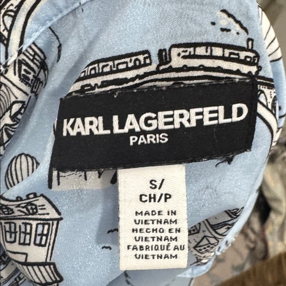 Karl Lagerfeld Light Blue Parisian Print Button Down Collared Long Sleeve Shirt - Picture 5 of 6